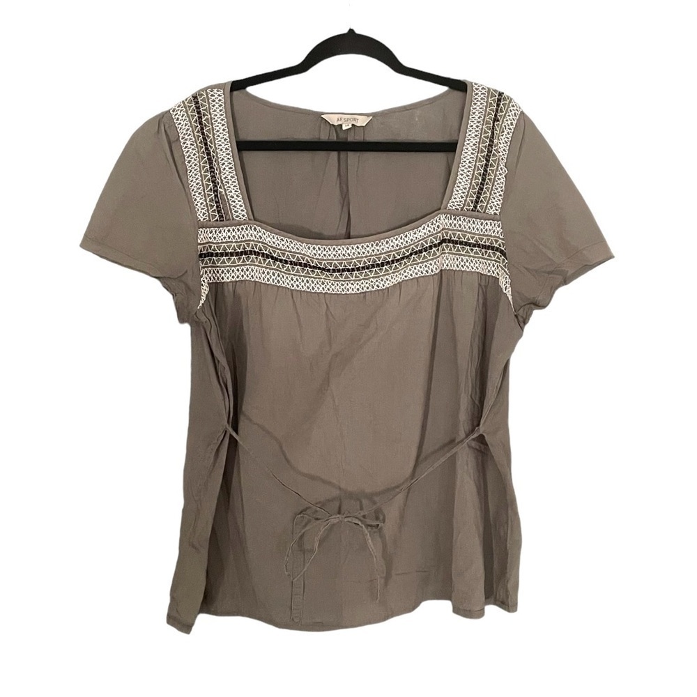 AE SPORT Cotton Embroidered Square Neck Short Sleeve Blouse Olive Green 14 - Picture 4 of 9